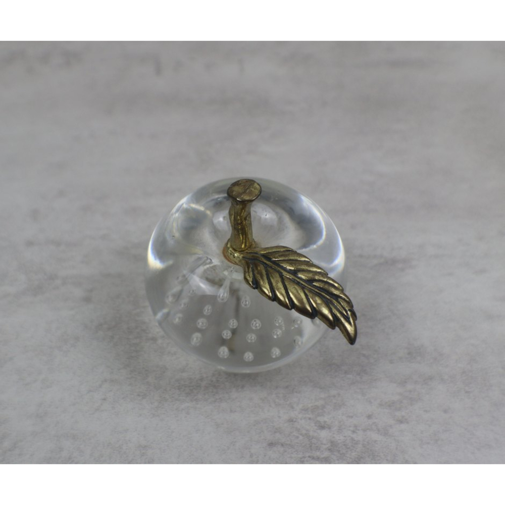 R.O.C. Hand Blown Art Glass Clear Bullicante Apple Paperweight with Brass Stem - Picture 5 of 6